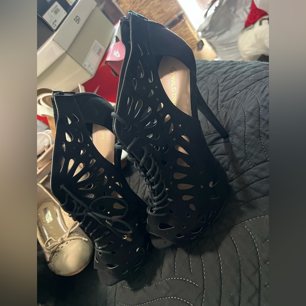 Black suede lace up wild diva lounge platform heels from Journey